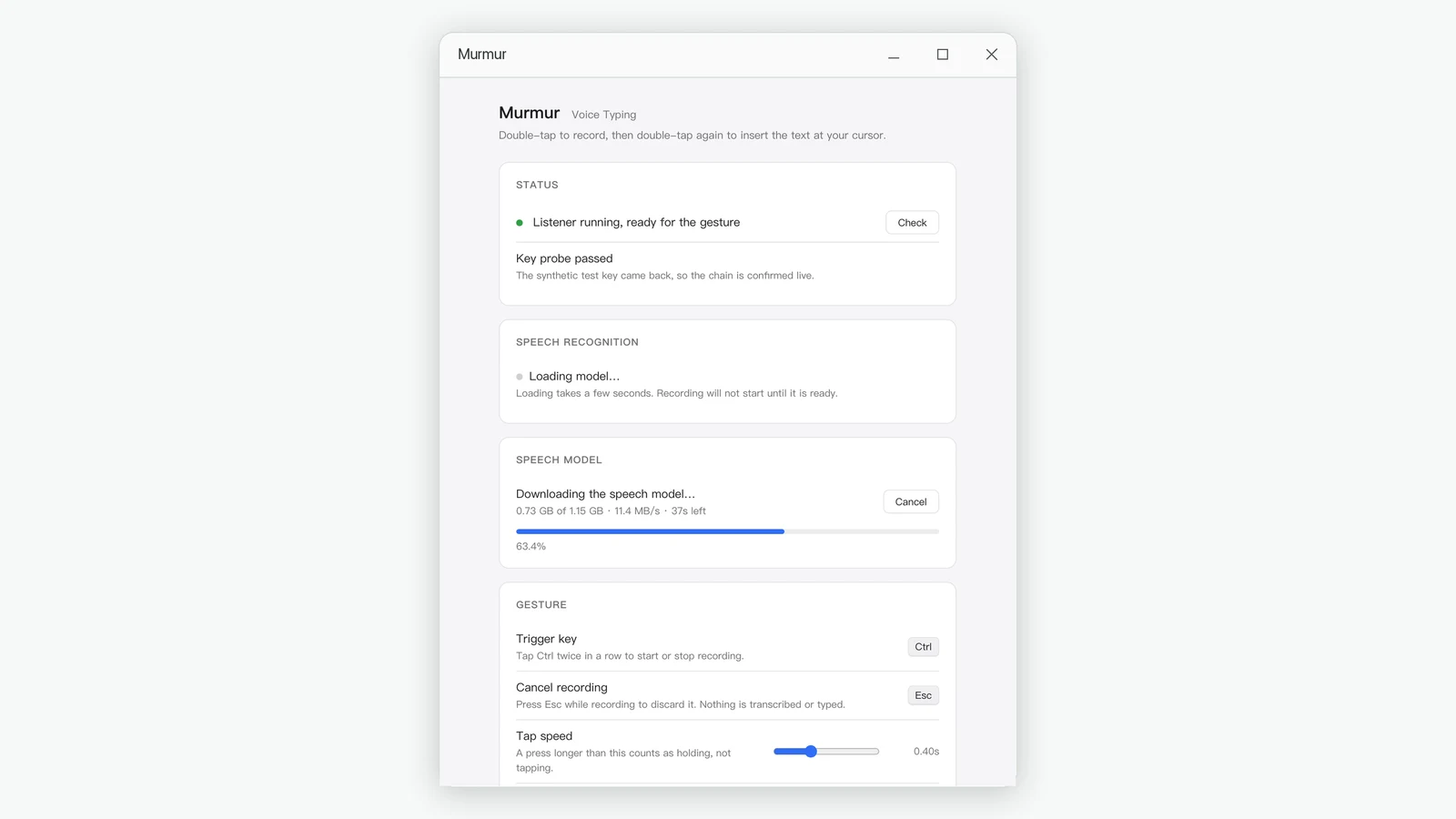 Murmur settings window with the speech model download in progress, showing size, speed and time remaining