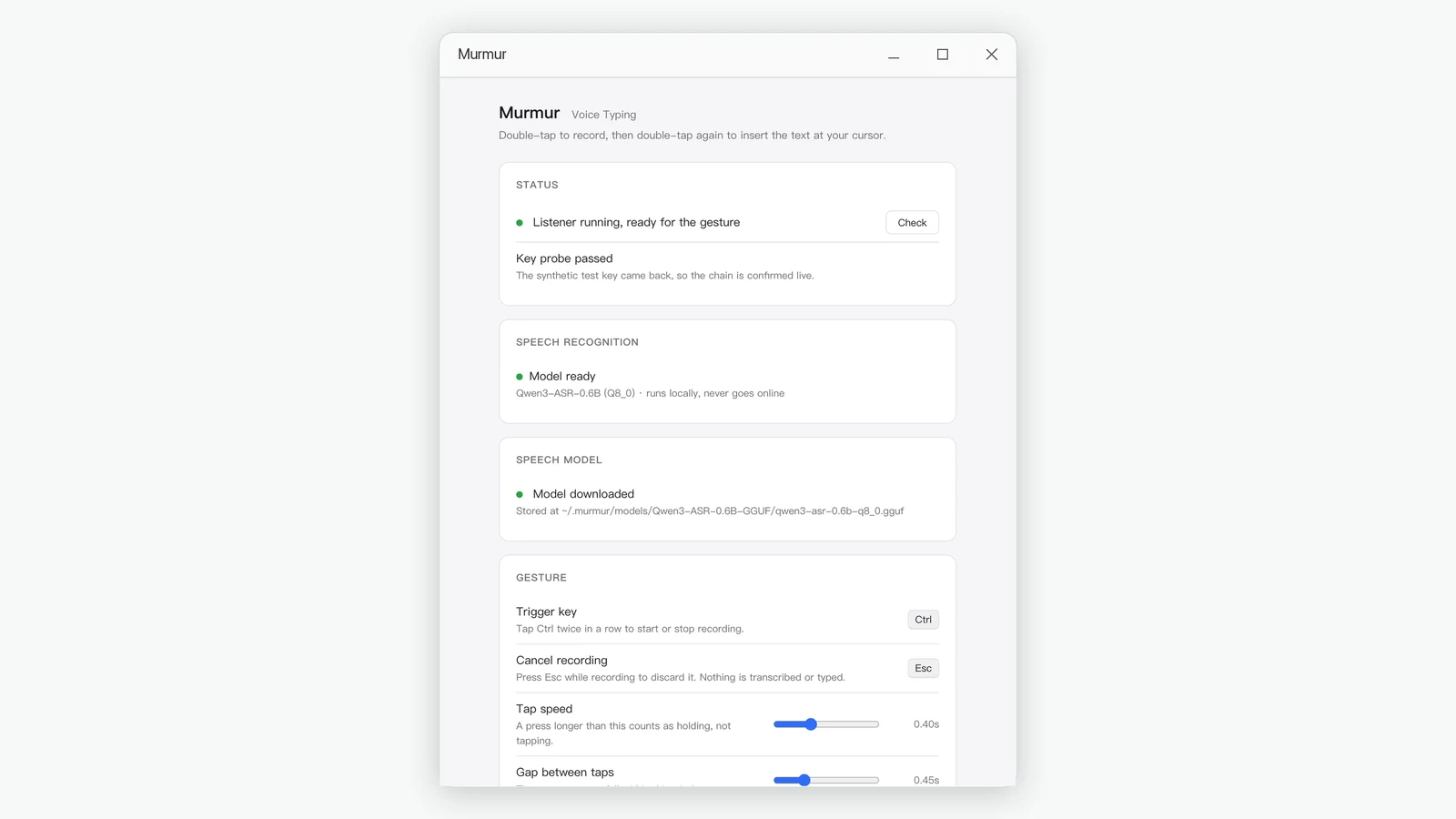 Murmur settings window showing the listener running, the speech model ready, and the gesture options for trigger key and tap speed